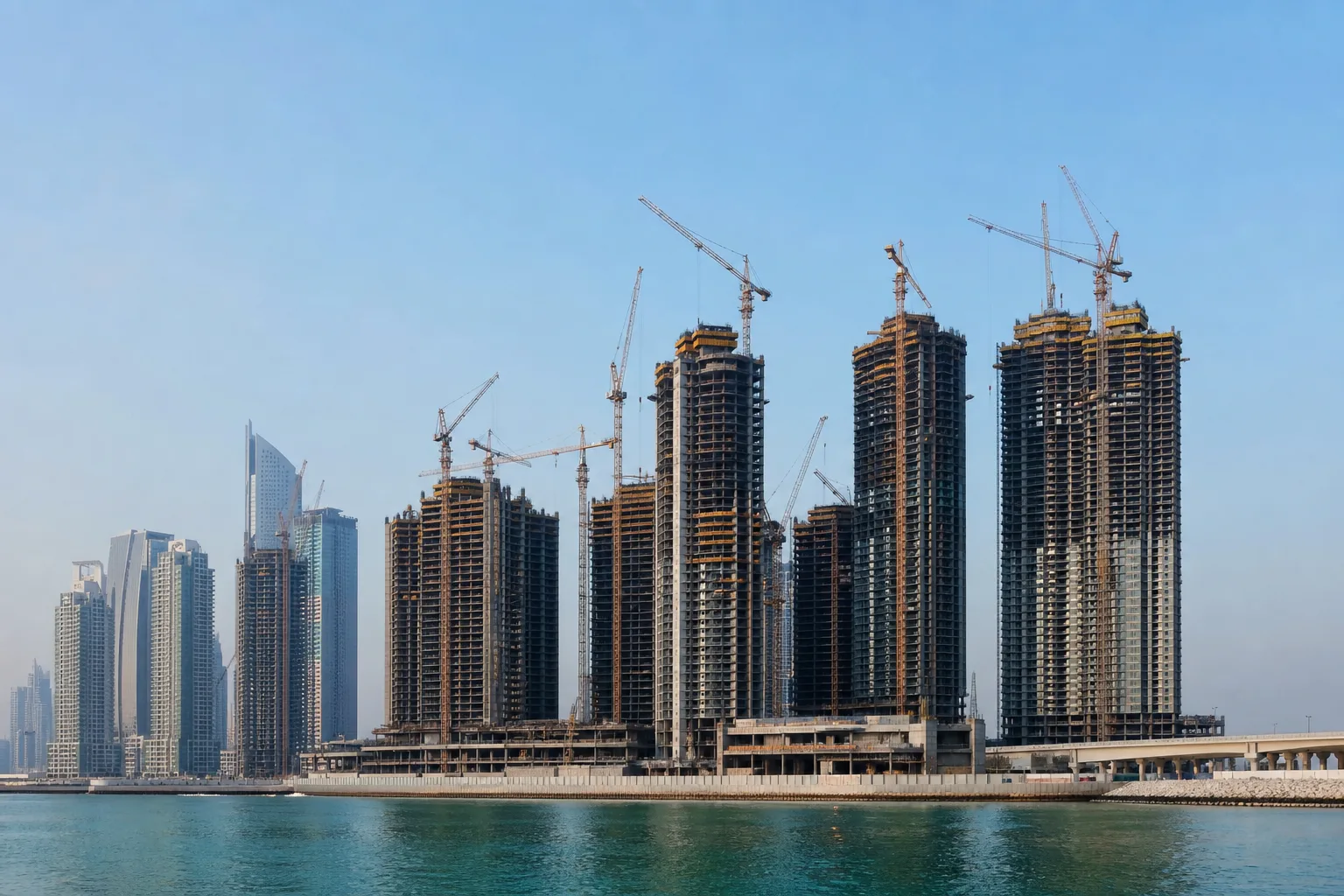 Construction site of residential towers with cranes under a clear sky in Dubai
