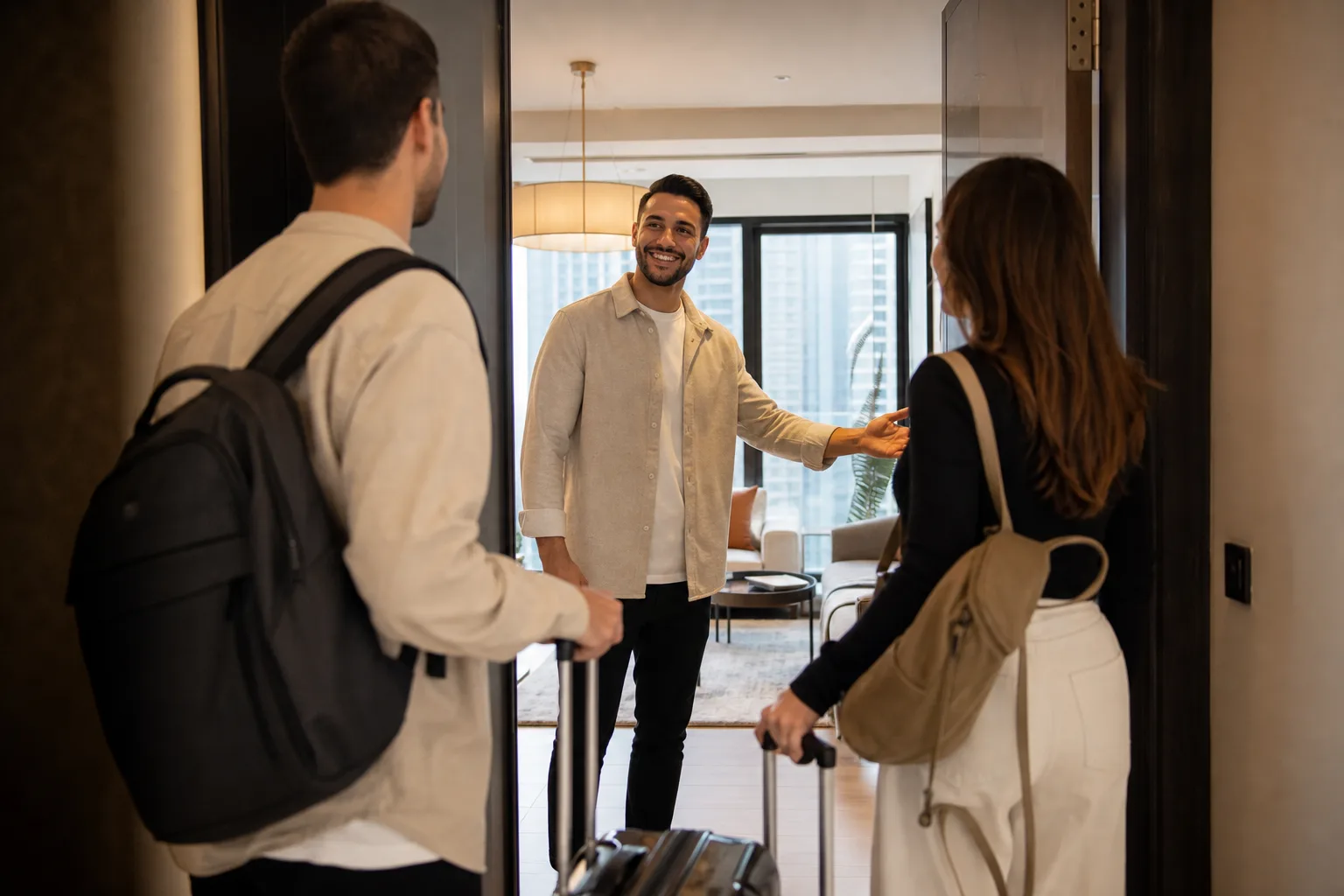 Femme accueillant des voyageurs à l'entrée d'un appartement meublé avec valises à Dubaï