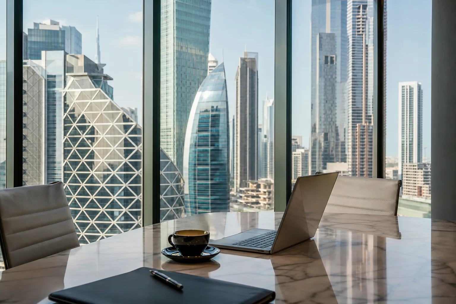 Mesa de reunión con ordenador portátil y vistas a las torres modernas de un distrito de negocios de Dubái