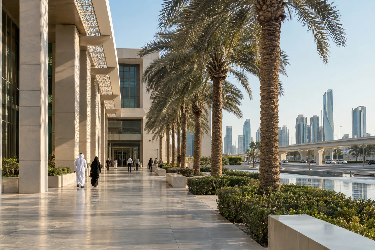 Shaded façade of an administrative service centre in Abu Dhabi, with visitors seen from a distance under the colonnade