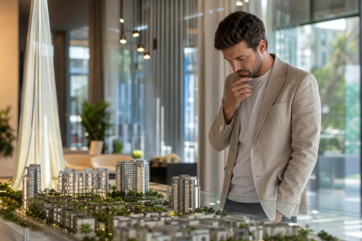 Visiteur observant attentivement une maquette de quartier résidentiel dans un espace de vente lumineux