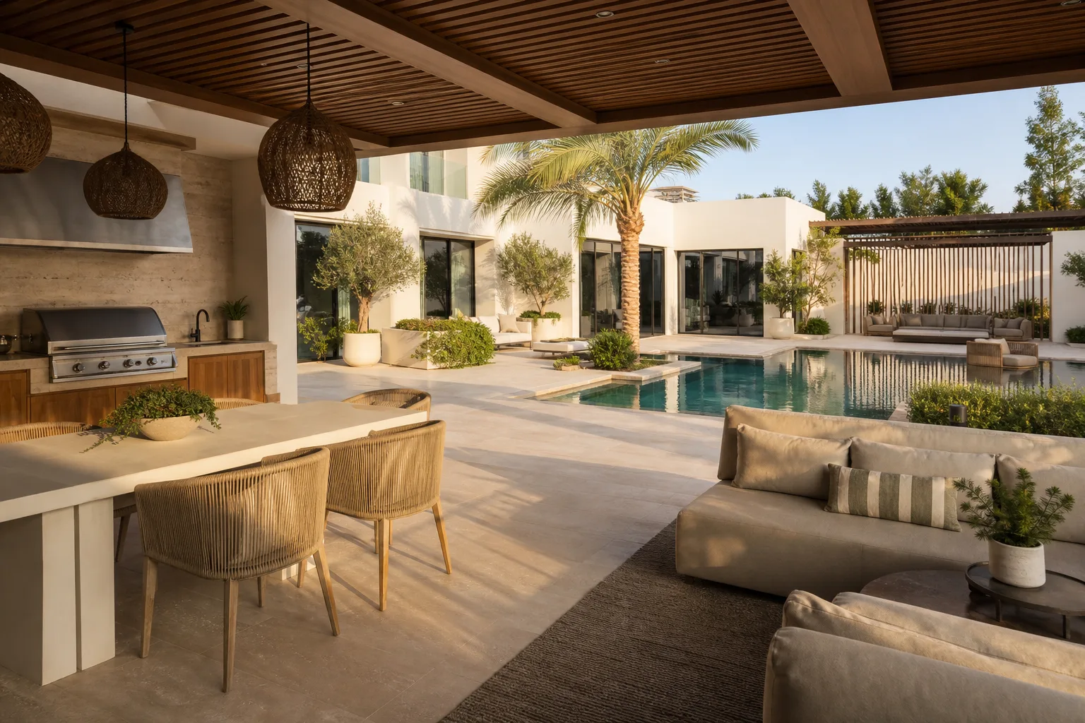 Terraza de villa con cocina exterior y zona lounge orientada al jardín