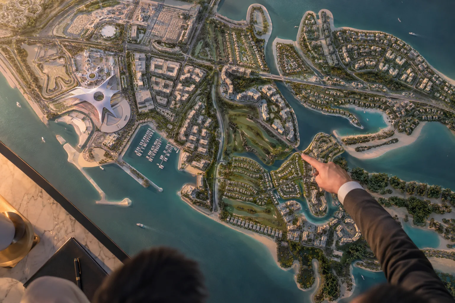 Overhead view of a Yas Island master plan model, a hand pointing to a residential neighbourhood