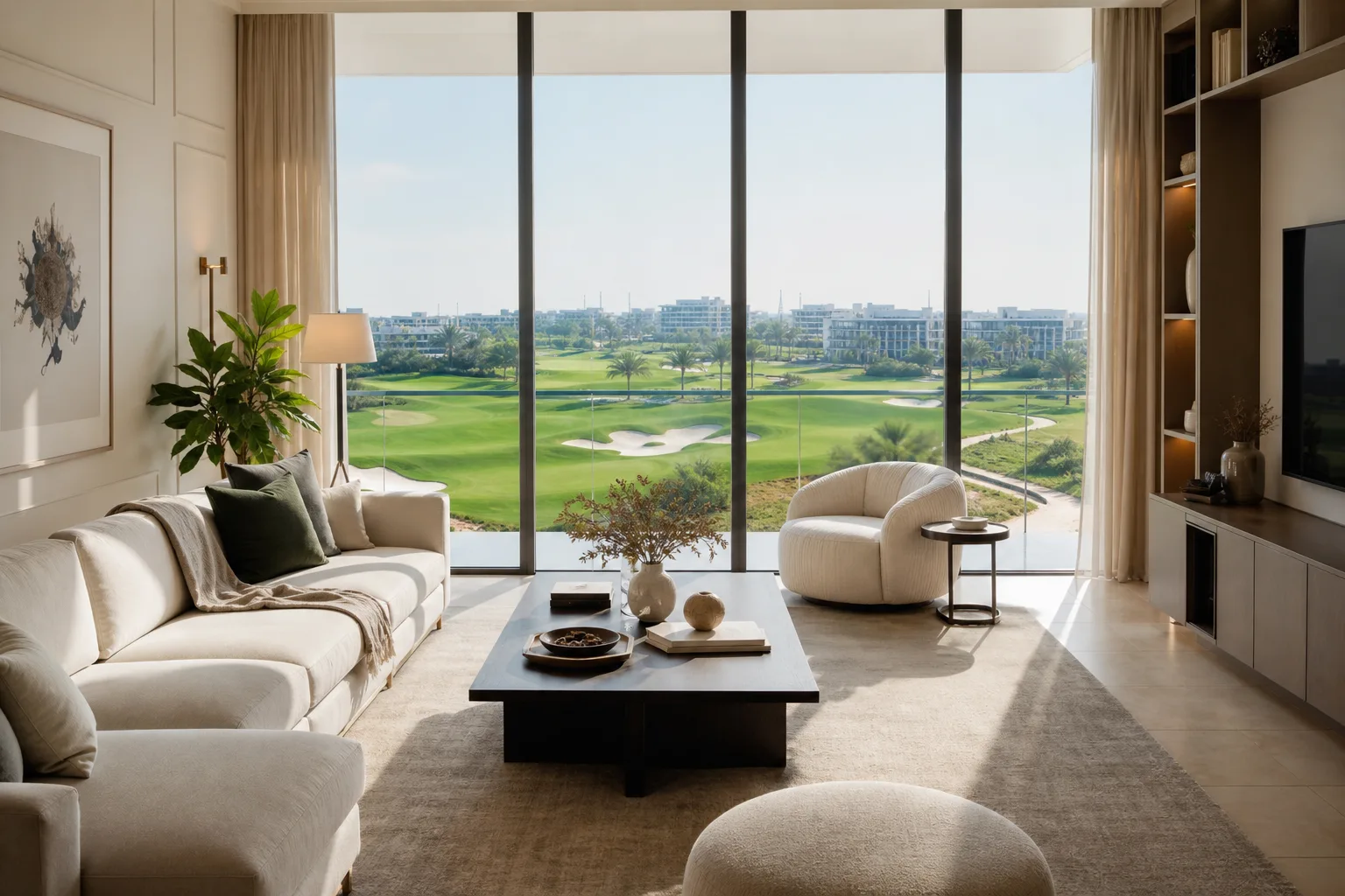 Salón luminoso de un apartamento amueblado con ventanal que da a los fairways verdes de un campo de golf
