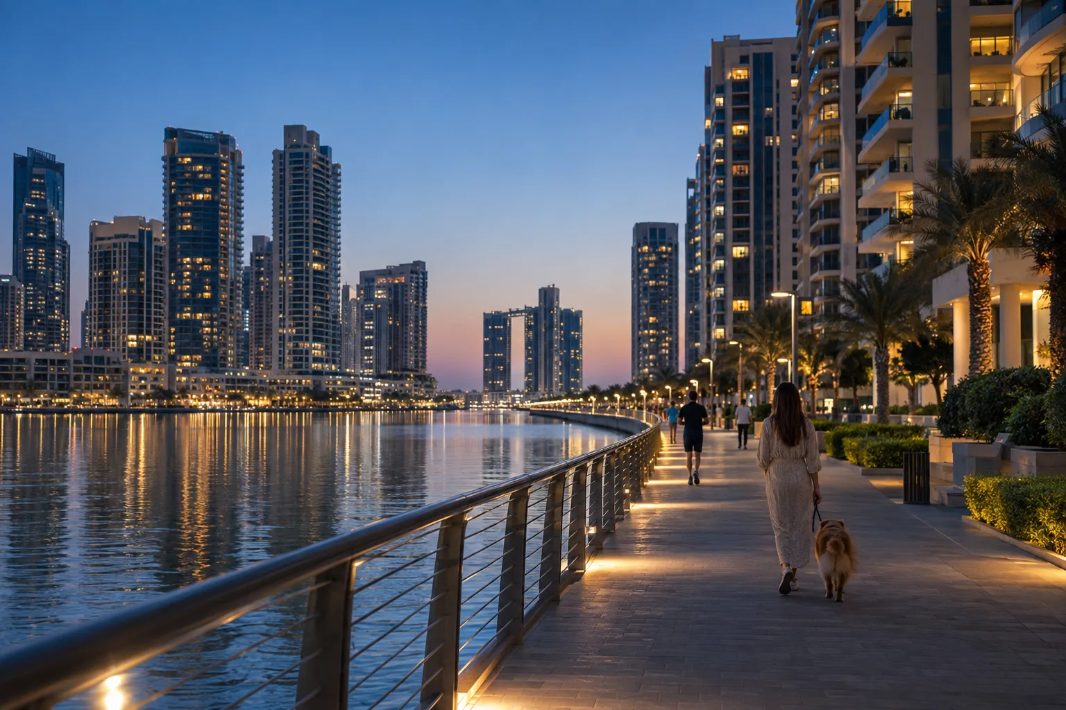 Owner seen from behind on the canal promenade beneath Reem Island residential towers at blue hour