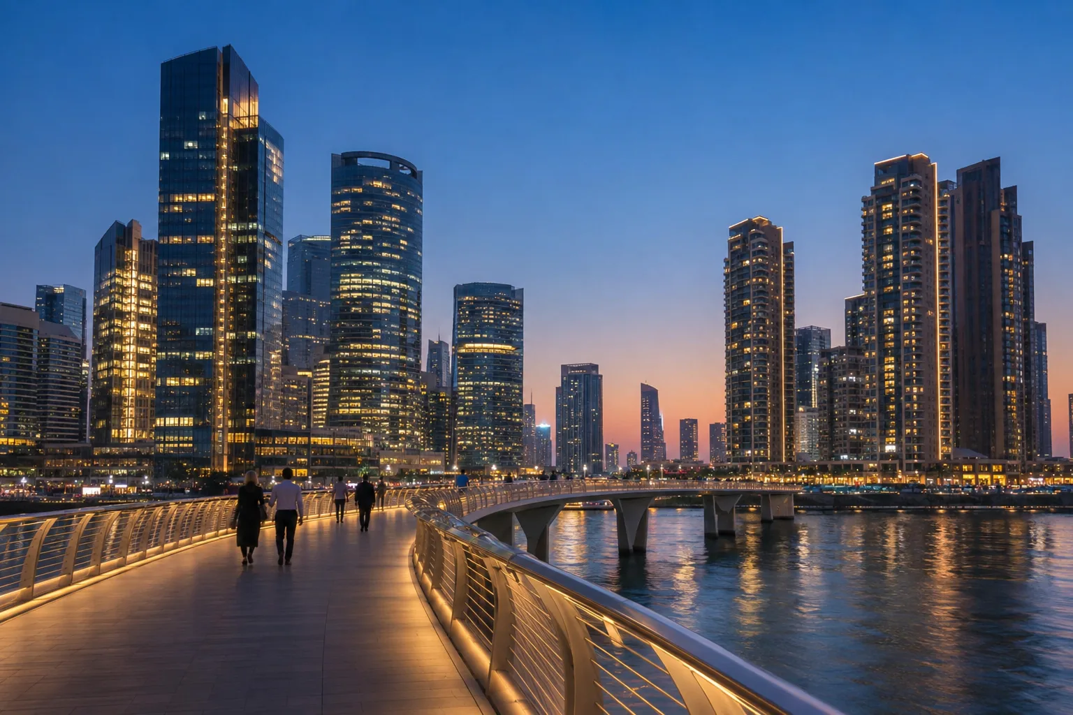 Pedestrian bridge between Reem Island and Al Maryah Island at blue hour, silhouettes of passers-by