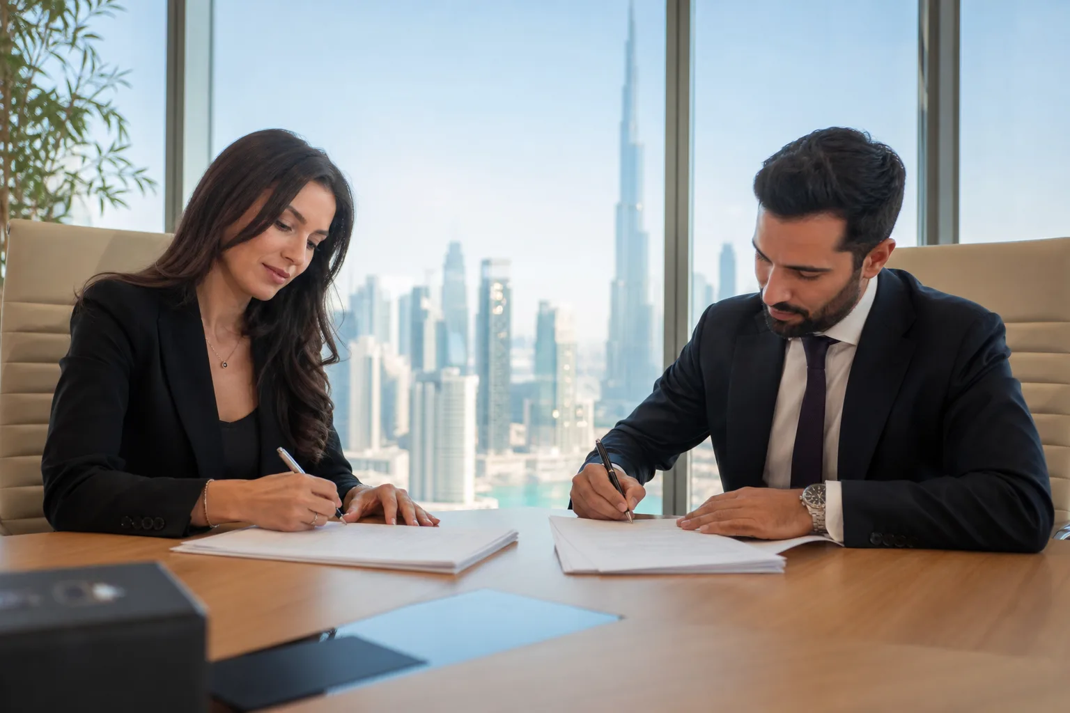 Two parties seated around a meeting table signing a real estate contract in an office overlooking Dubai