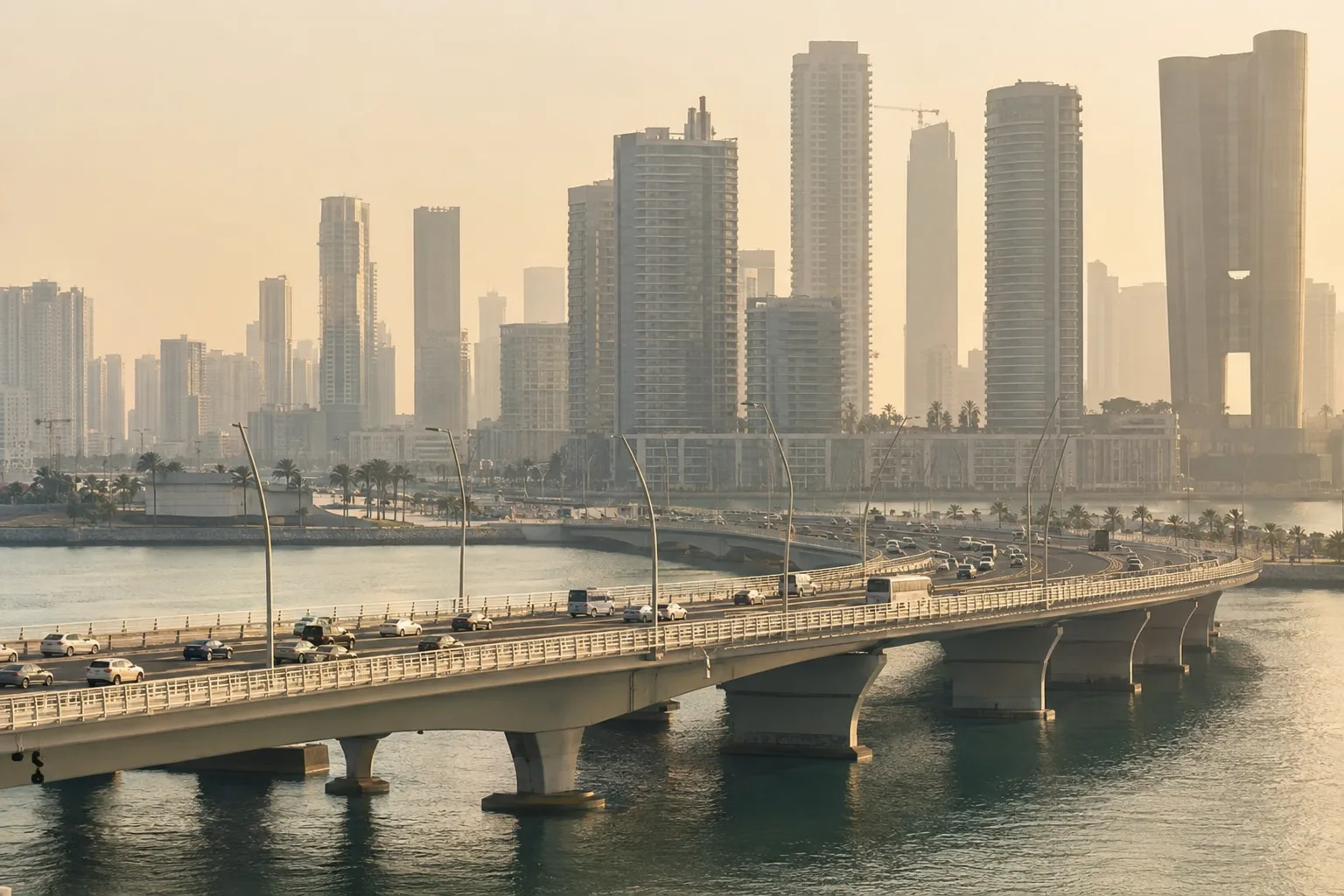 Road bridge to Al Reem Island, traffic and residential towers blurred in the dusty haze