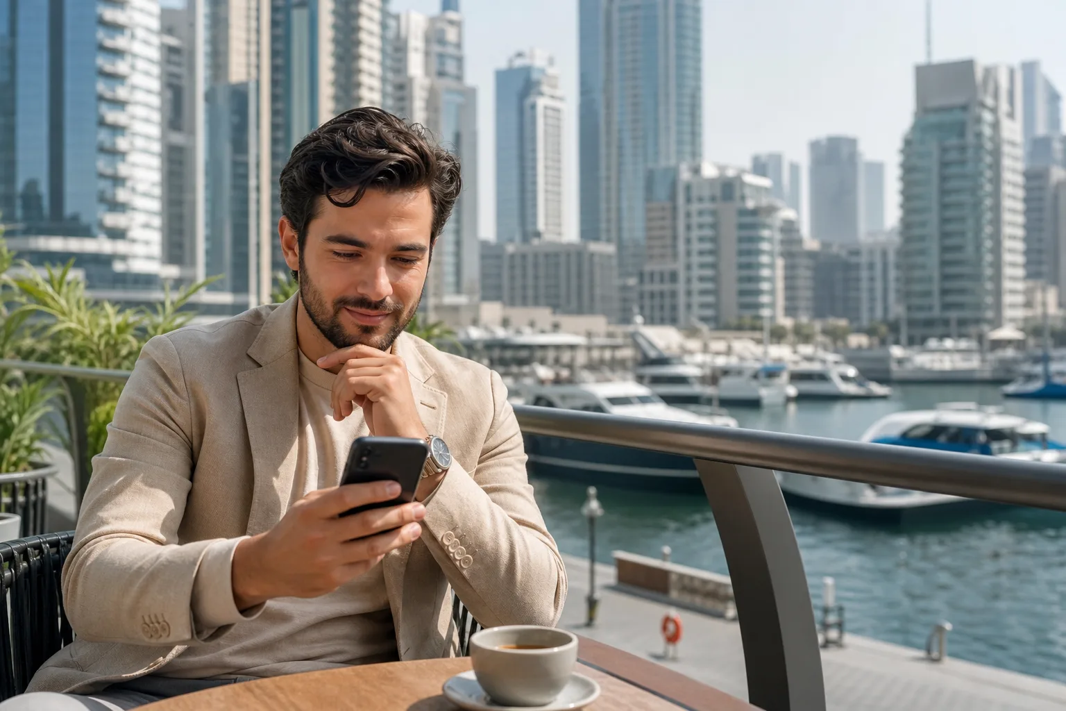 Client vérifiant l'activation de son compte sur son smartphone dans un café moderne de Dubaï Marina