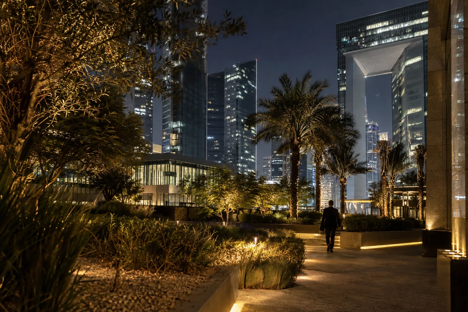 Silhouette walking at night near a palm garden, facing the lit façades of DIFC