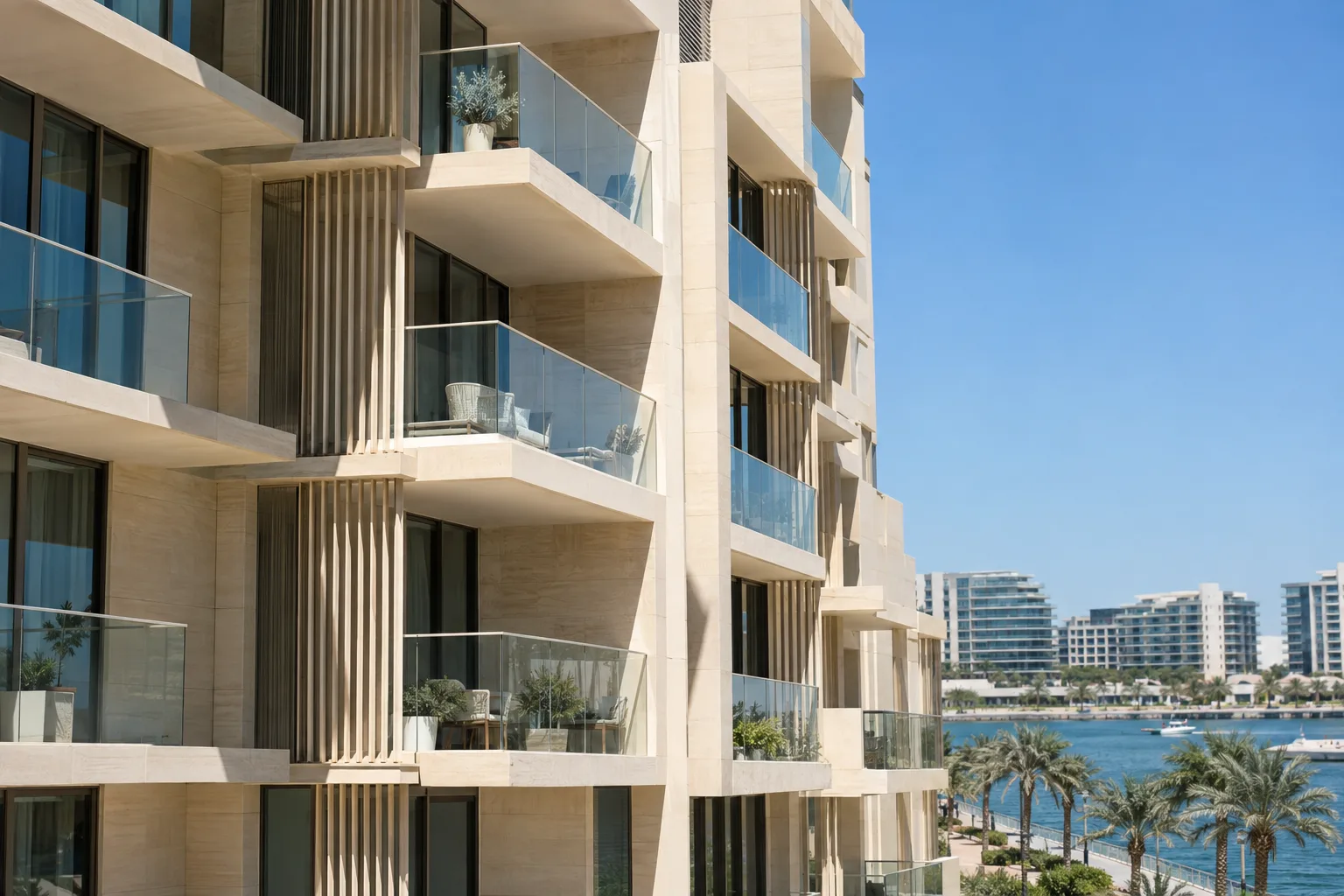 Stacked balconies and sunshades of a residential building on Al Raha Beach in the midday sun