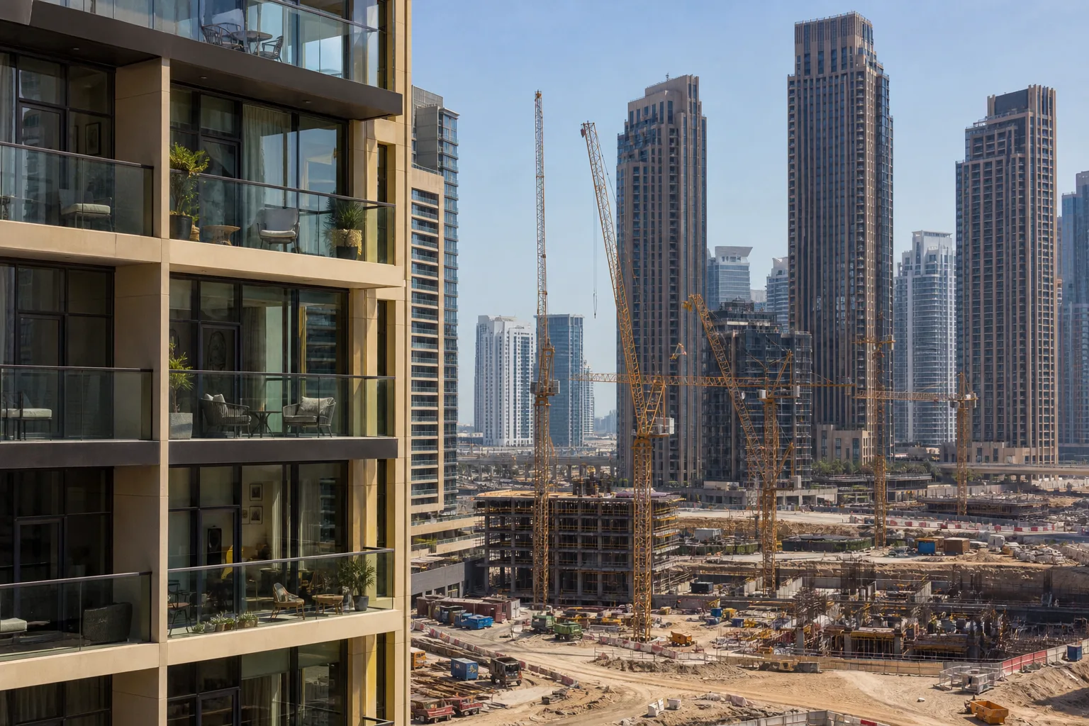 Vista dividida de una residencia alquilada con balcones habitados frente a una obra de futuras torres en Dubái, ambiente soleado