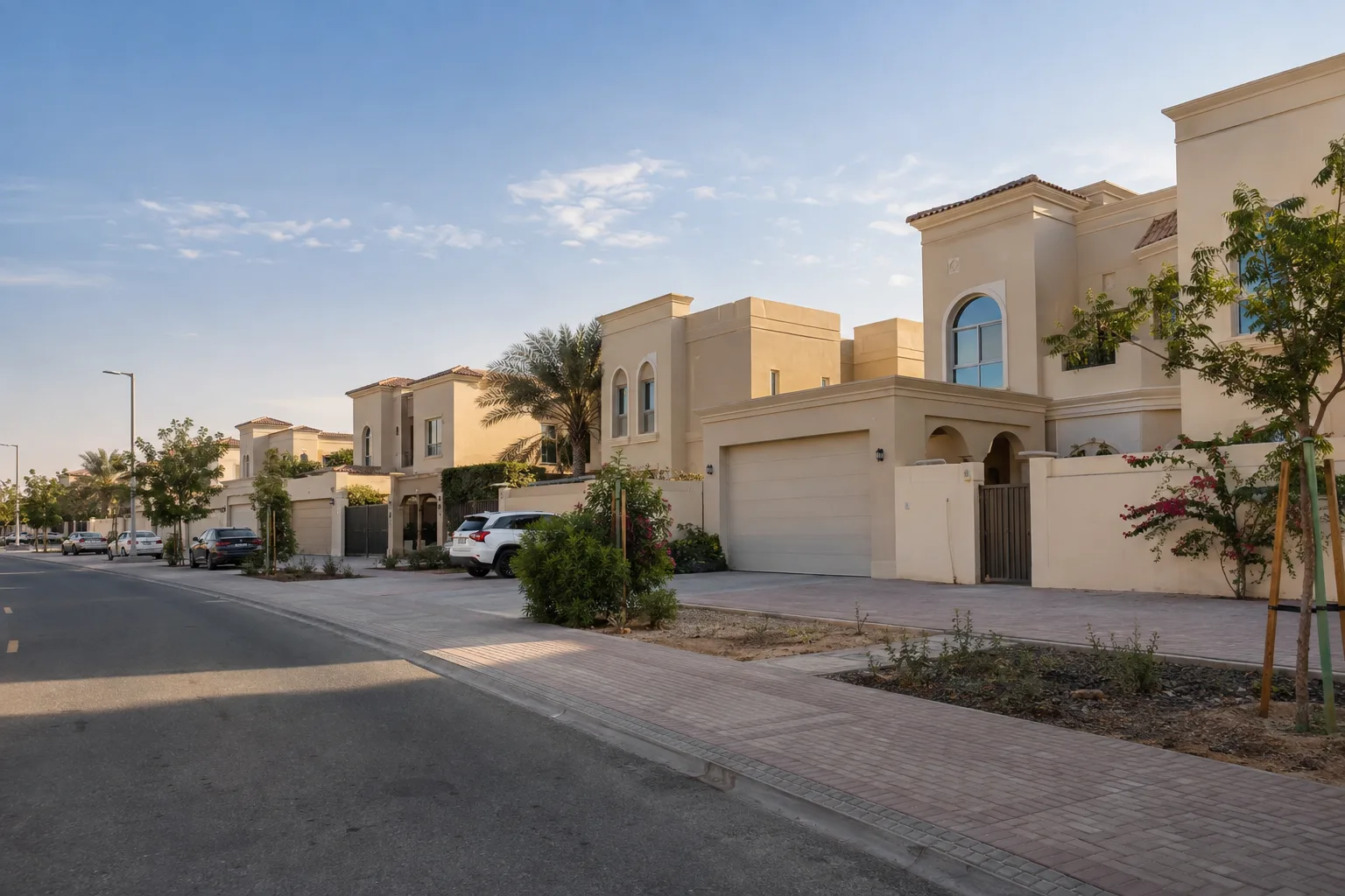 Residential street in Al Bahyah where occupied villas sit beside empty villas with closed shutters