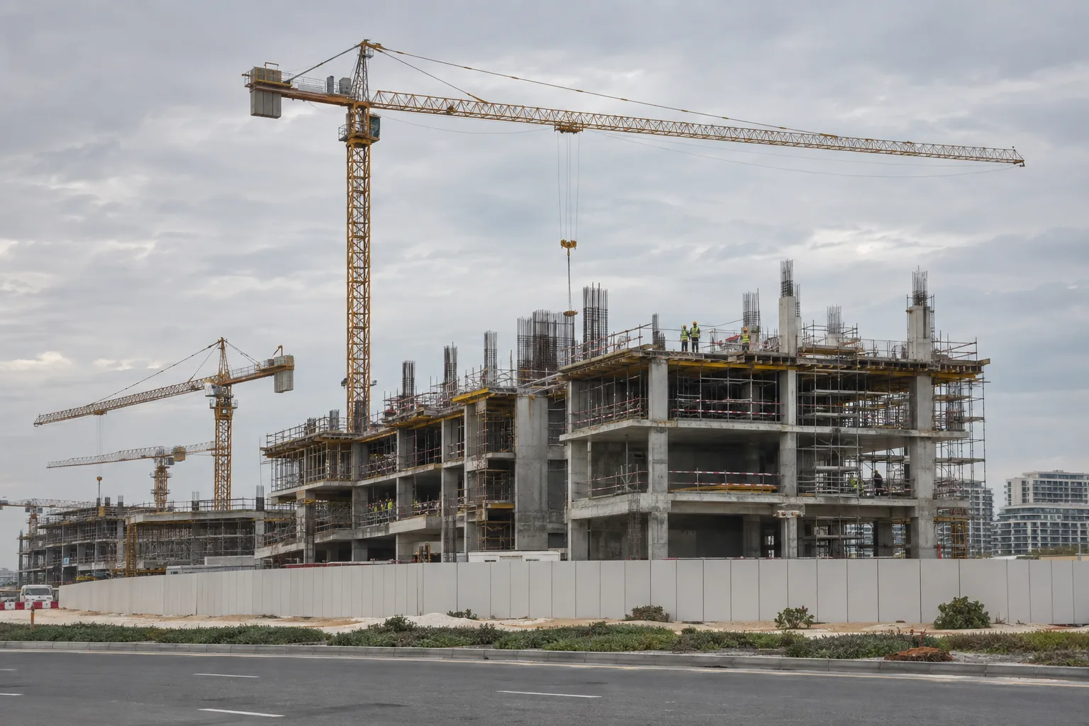 Off-plan residential building site in Abu Dhabi under an overcast sky, crane and blank hoarding