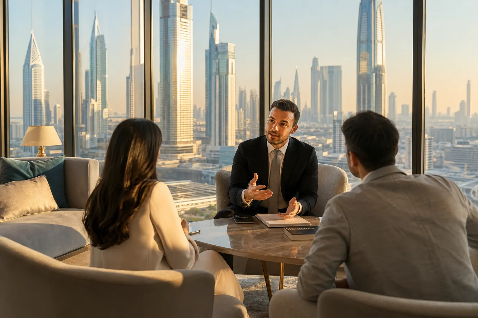Real estate adviser talking with clients around a table in a refined lounge overlooking Dubai
