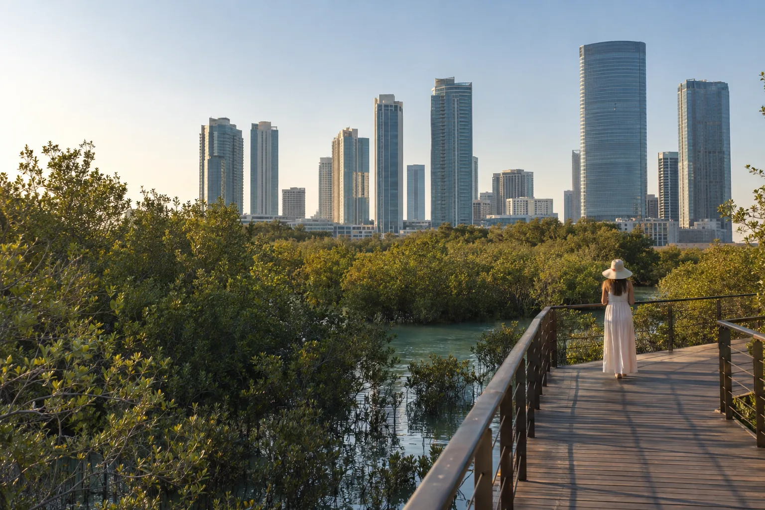 Wooden boardwalk through the Reem Island mangroves, a man seen from behind facing the residential towers