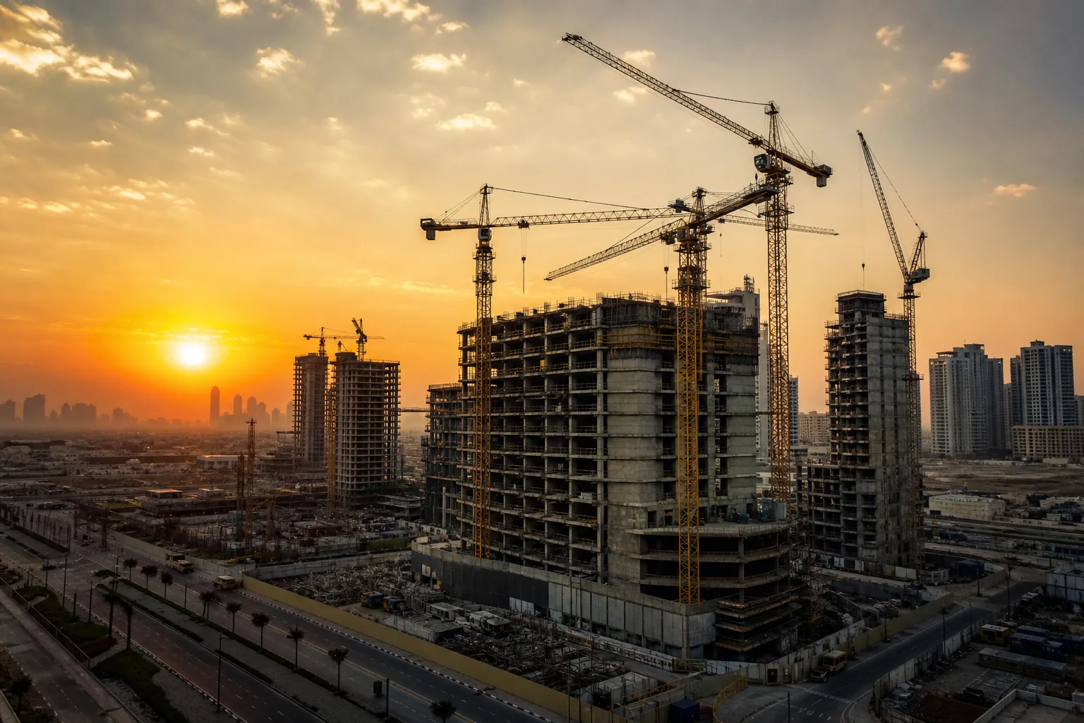 Residential tower construction site in Dubai with cranes at sunset
