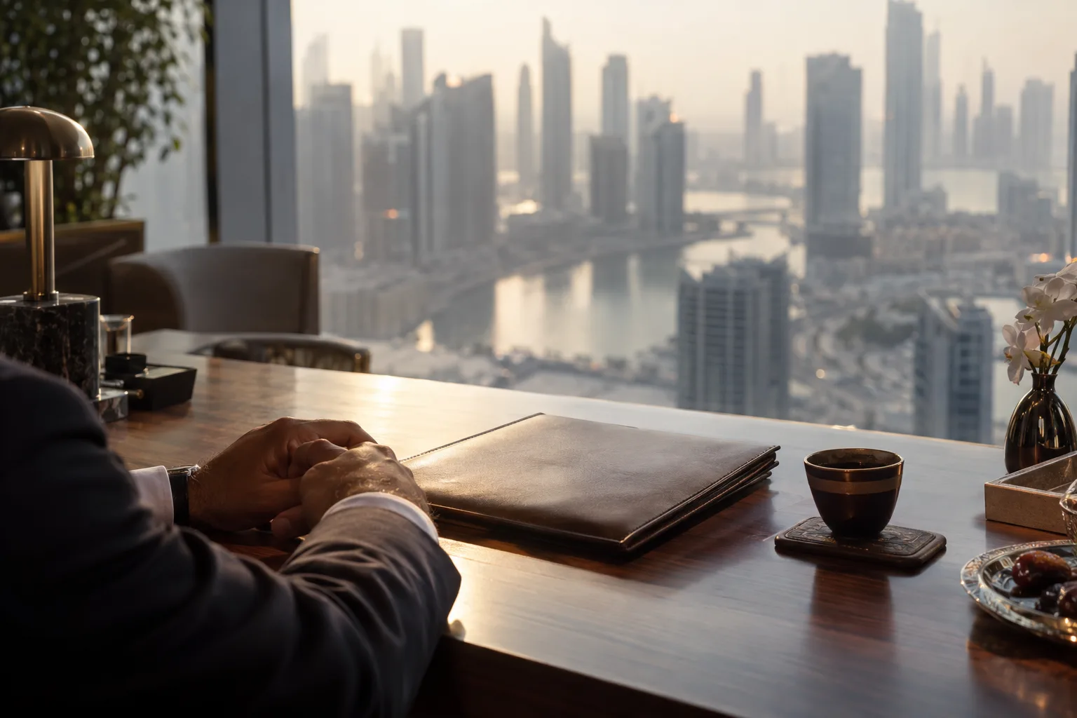 An investor's hands on a walnut desk near a closed file, with a hazy view of the Business Bay towers