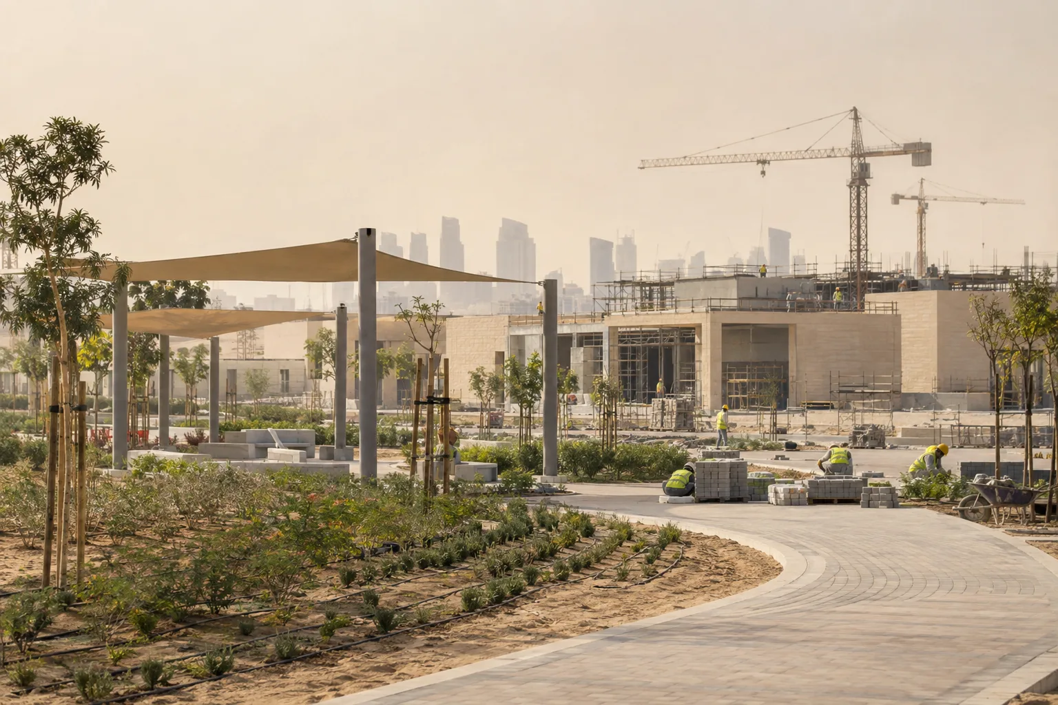 Construction of a neighbourhood facility with a pedestrian walkway being paved in a residential area of Abu Dhabi