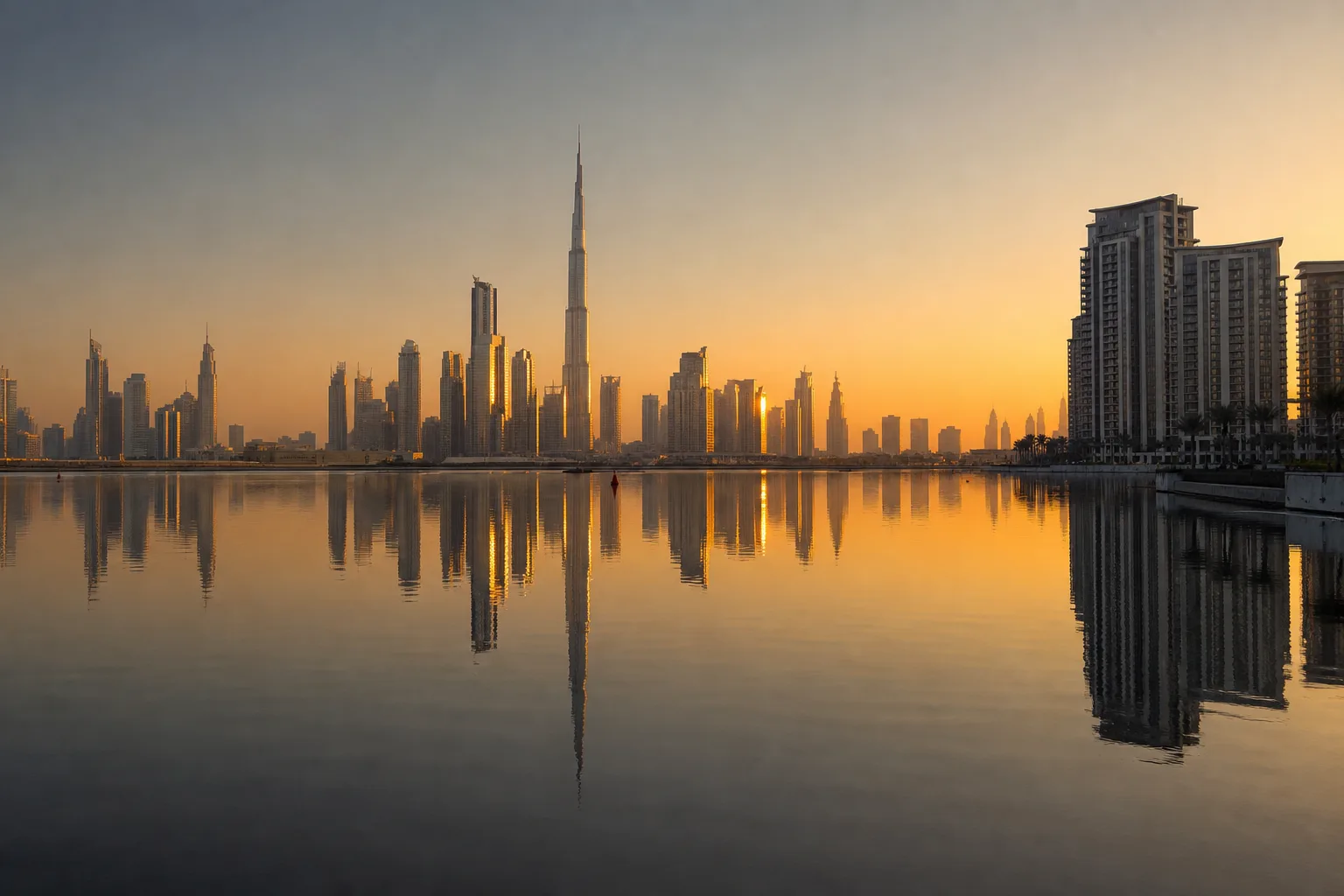 Skyline de Dubaï vue depuis le lagon avec reflets dorés du soleil couchant sur les gratte-ciels