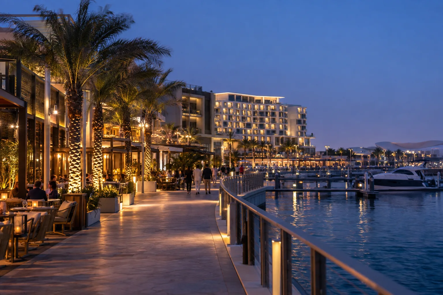 Yas Bay promenade at blue hour, lit terraces and hotel facade, walkers silhouetted by the water