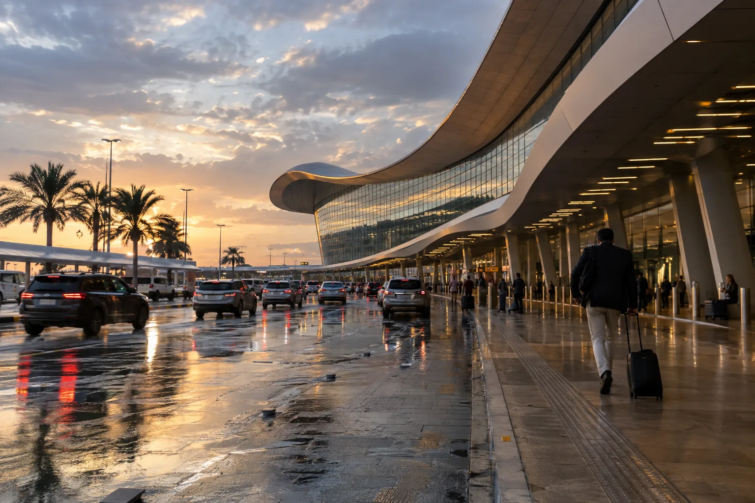 Traveller seen from behind pulling a suitcase towards the Abu Dhabi airport terminal after rain, wet road