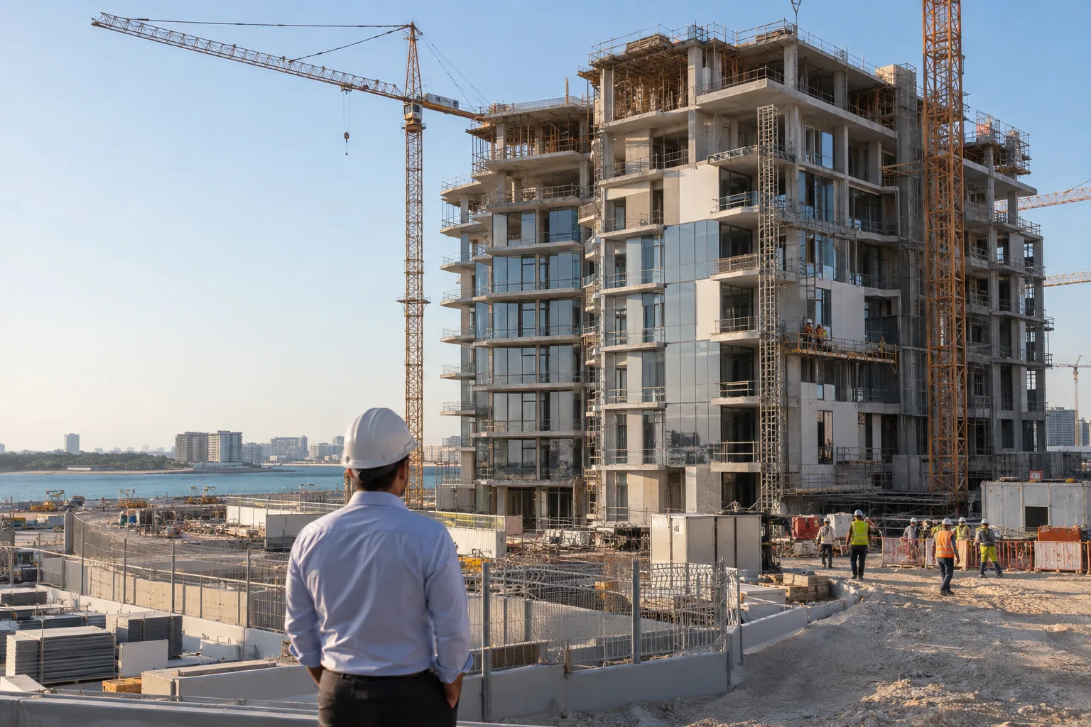 Residential building under construction on Yas Island, a buyer in a hard hat seen from behind watching progress
