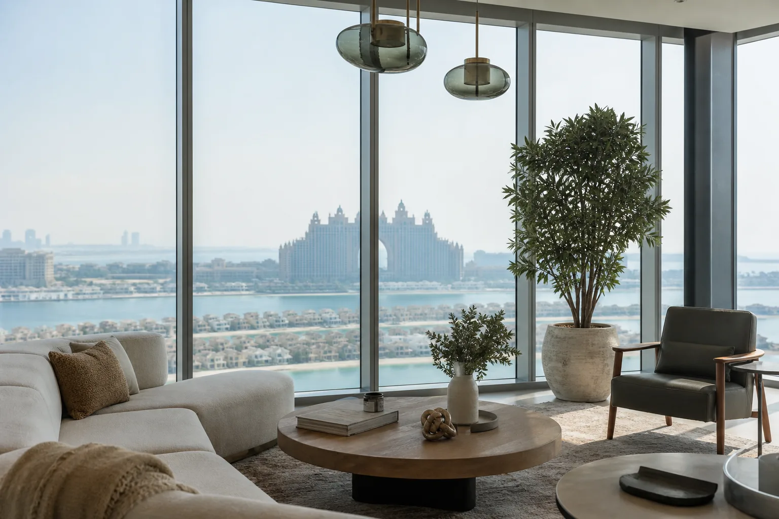 Intérieur lumineux d'un appartement moderne avec baie vitrée donnant sur les tours de Palm Jumeirah