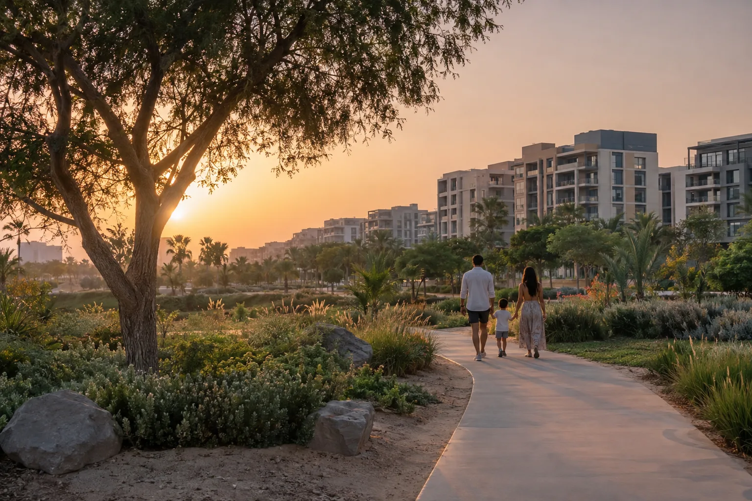 Tree-lined park in Dubai Silicon Oasis at sunrise, family seen from behind in front of mid-rise residences