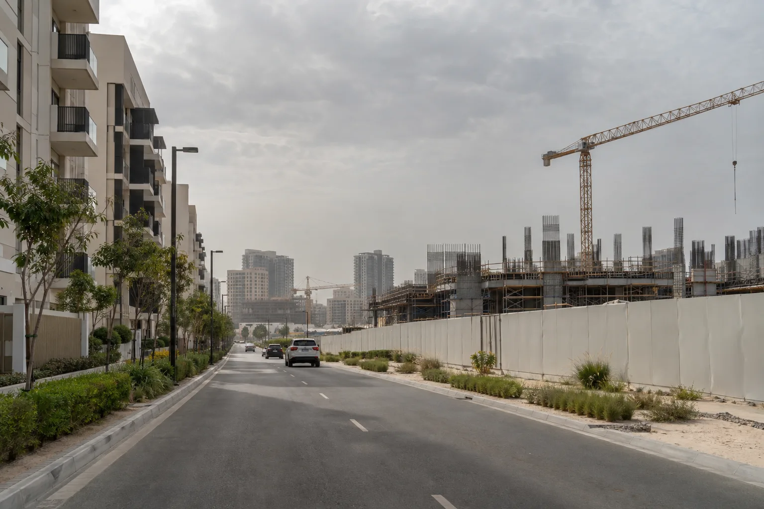 Access road separating a completed building from a new phase under construction behind blank hoardings