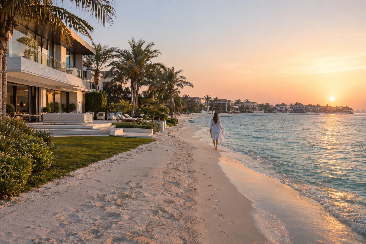 Garden of a large contemporary villa on a Palm Jumeirah frond with direct beach access, at sunrise