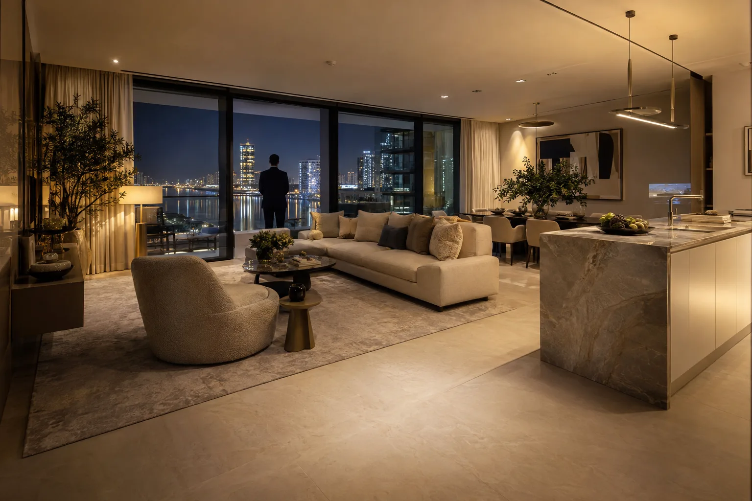 Furnished show apartment in an Abu Dhabi sales centre in the evening, a visitor's silhouette at the entrance