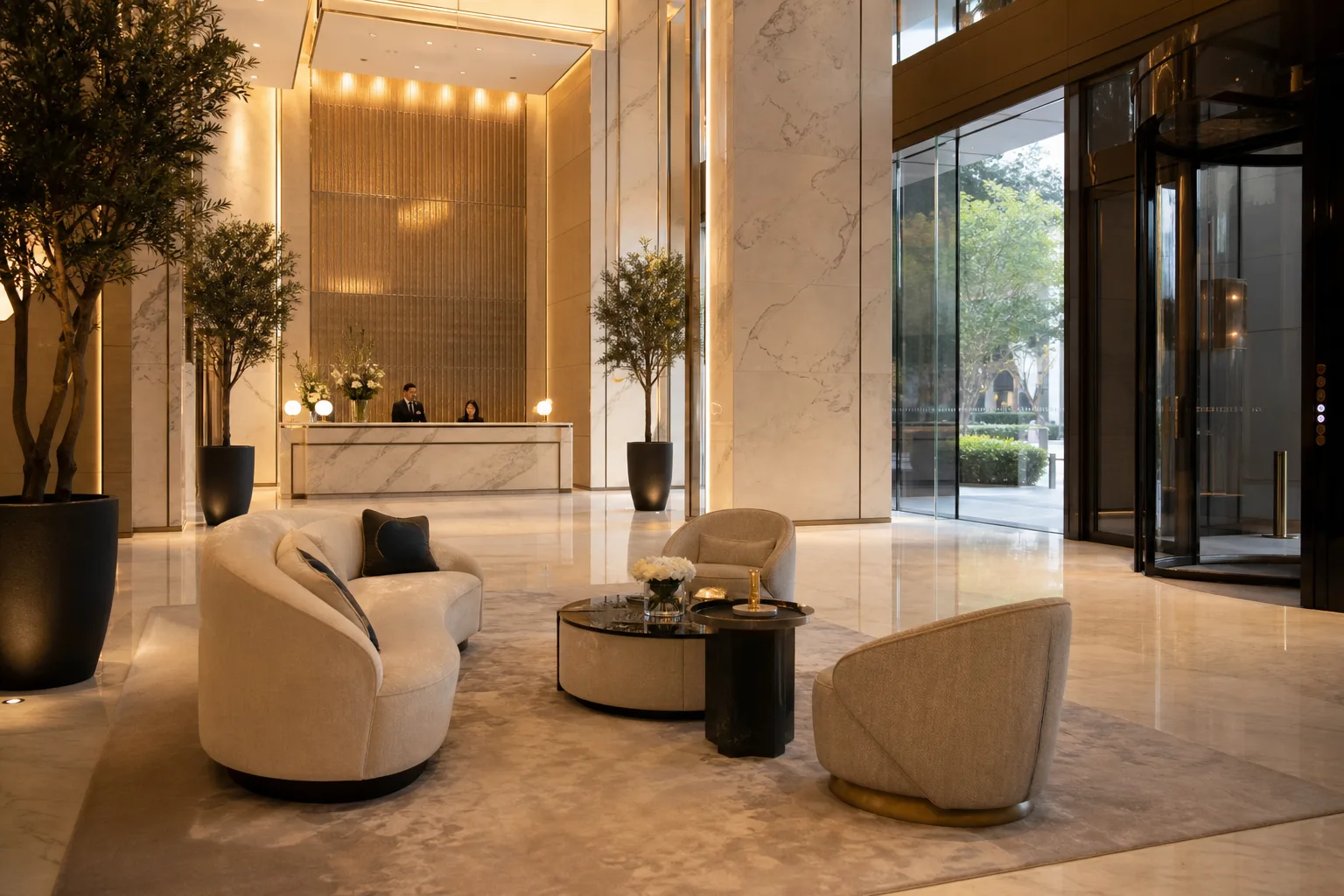 Lobby refinado de una residencia firmada por una gran marca, mármol claro, conserje y sillones de diseño