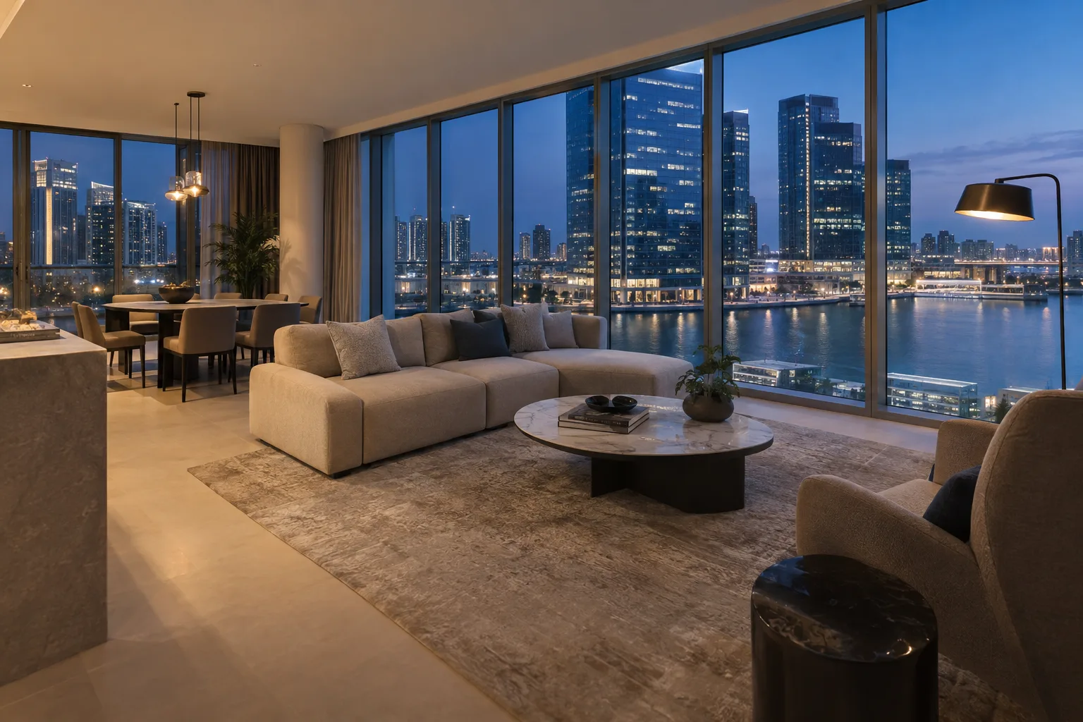 Furnished living room of an Al Maryah apartment, floor-to-ceiling windows overlooking towers lit at blue hour