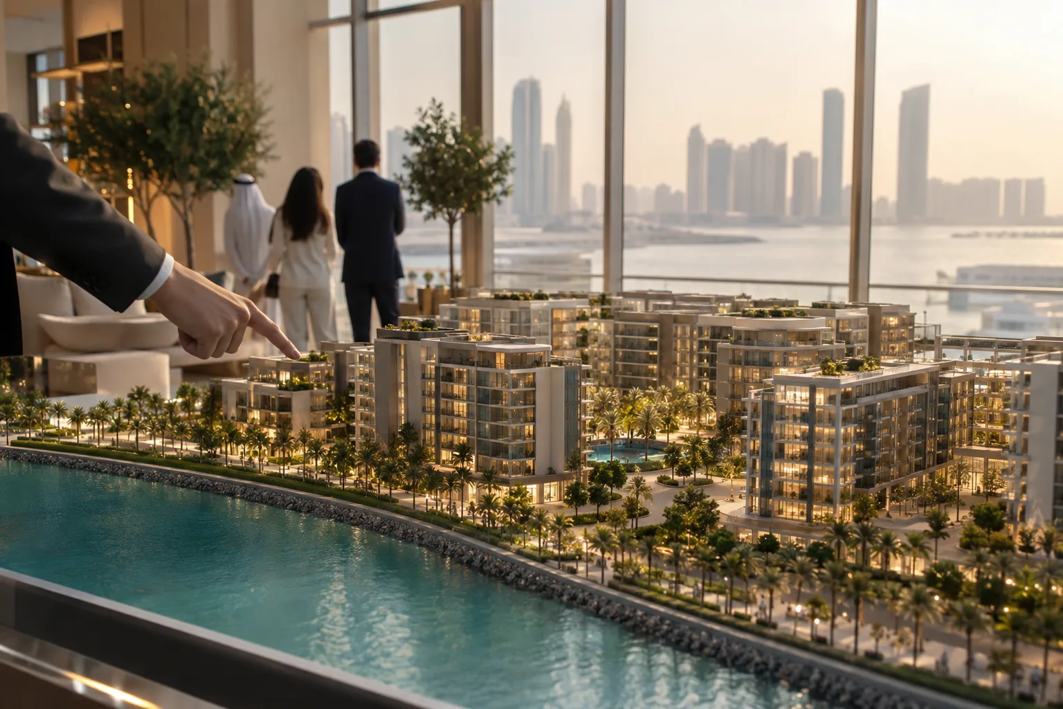 Hand pointing at a scale model of a residential development in a softly lit sales gallery