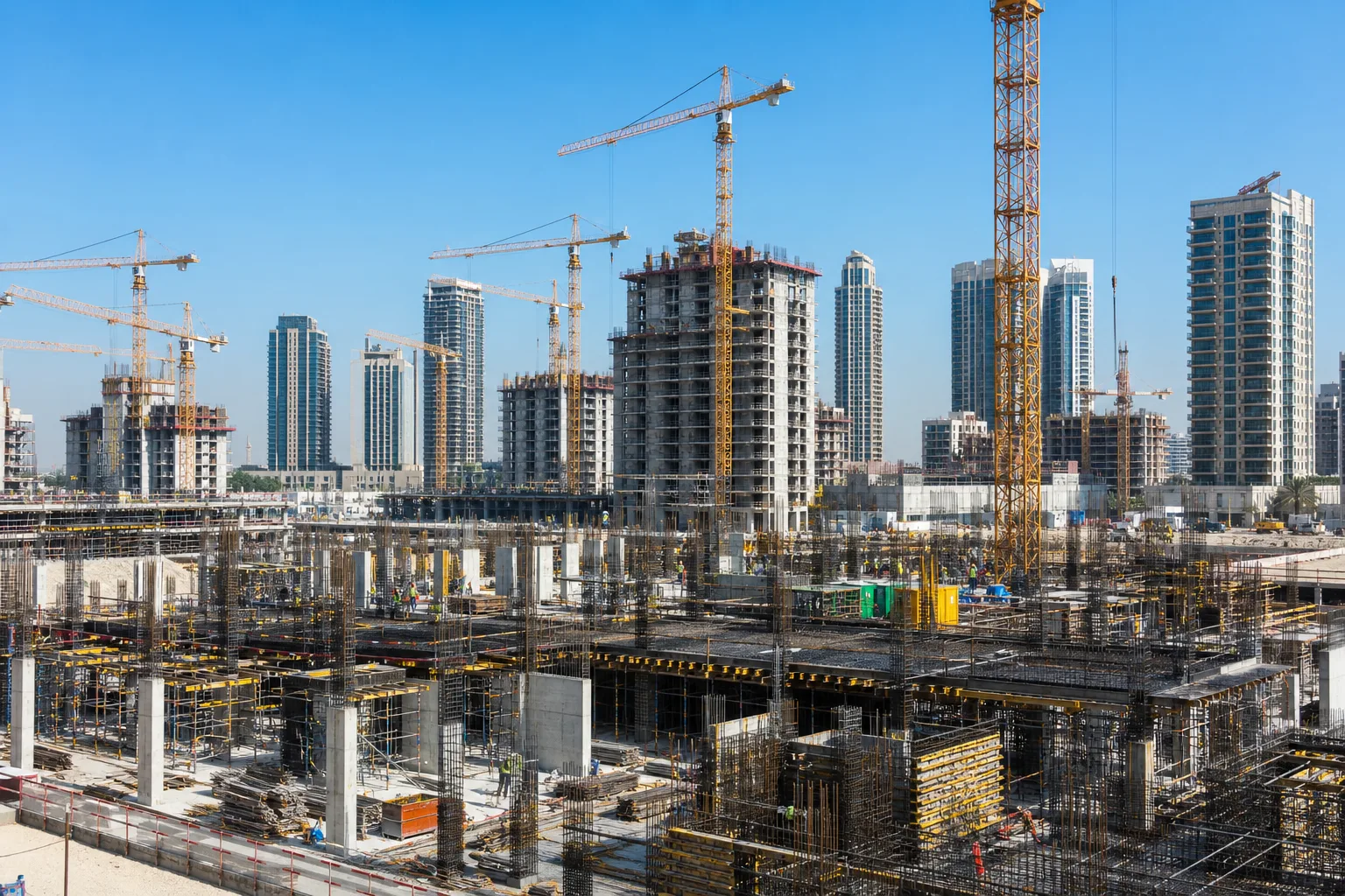 Gran obra de torres residenciales en construcción en Dubái con grúas, encofrados y obreros, cielo despejado