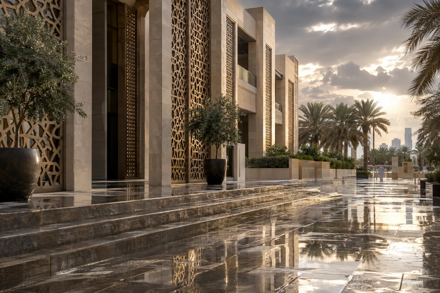 Geometric mashrabiya facade of a Dubai administrative building, wet steps after the rain