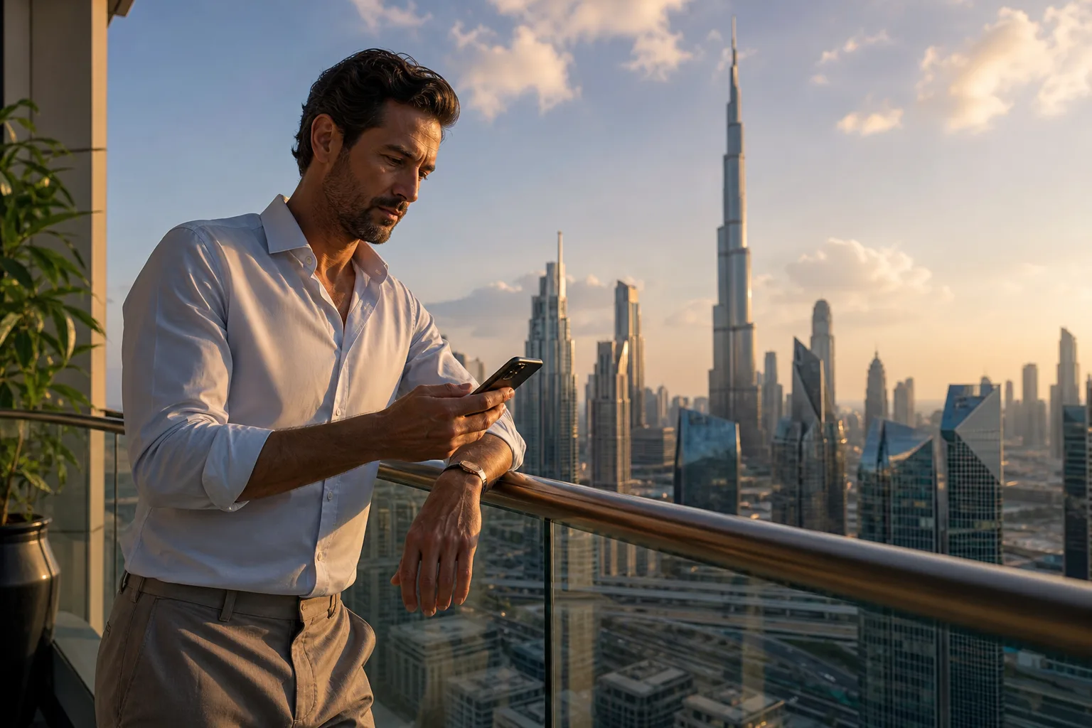 Propietario pensativo consultando su teléfono en el balcón de un apartamento con vistas al Burj Khalifa a lo lejos