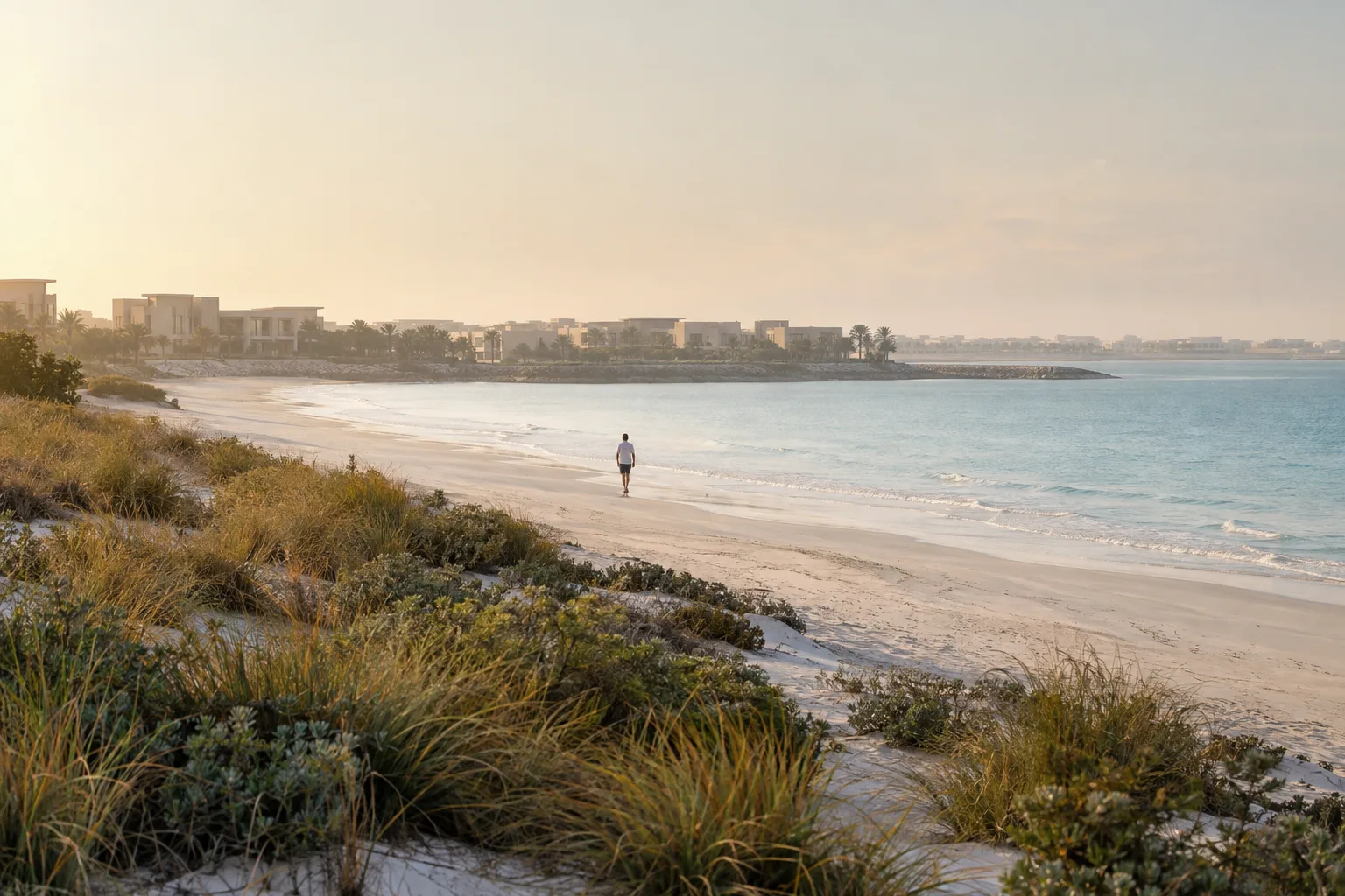 Natural beach on Saadiyat Island in the morning mist, low dunes and distant seafront villas