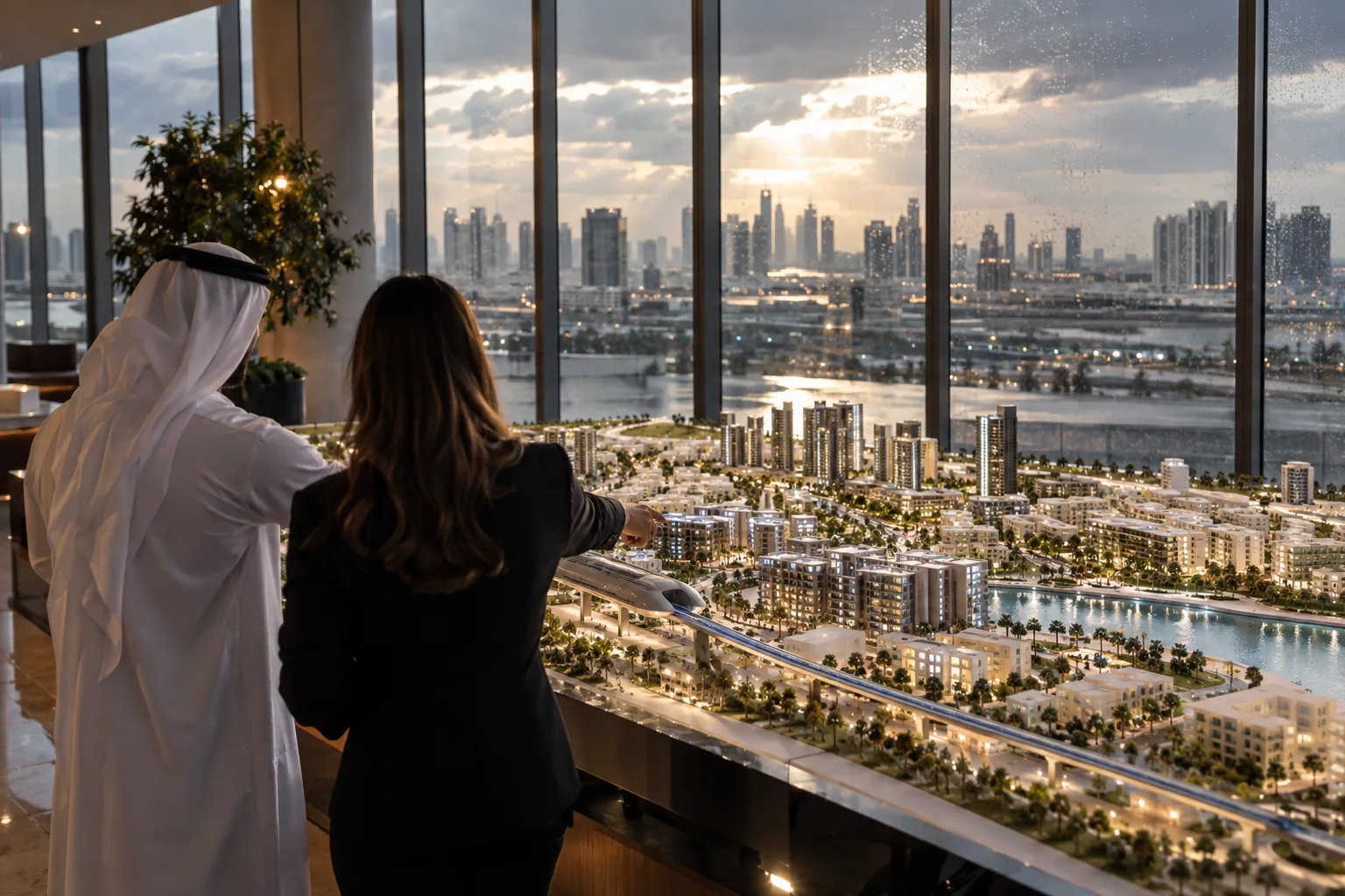 Advisor and client seen from behind studying an urban scale model of a Dubai neighbourhood with a metro line