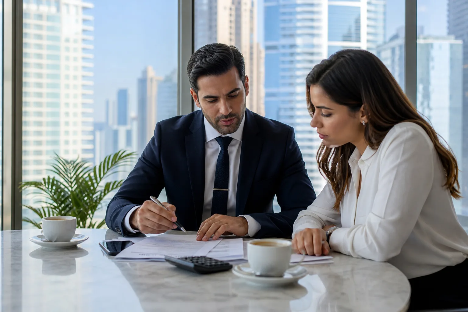 Client and adviser reviewing documents at a table in a bright office in Dubai's business district
