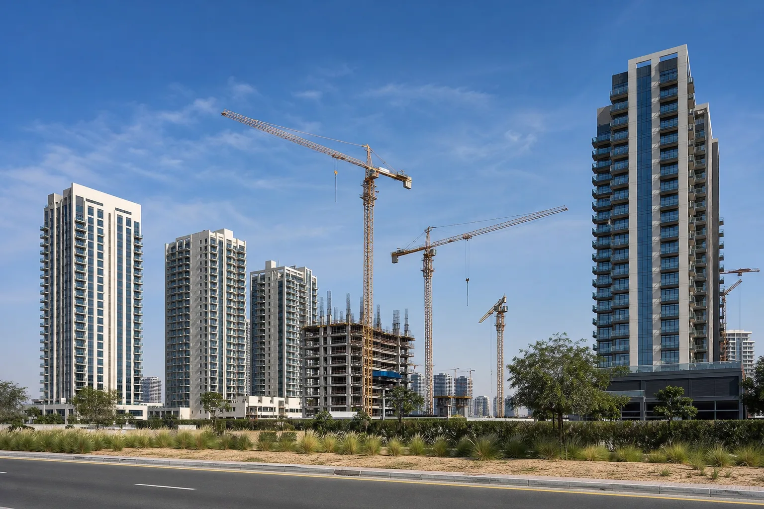 Grúa de obra y edificios en construcción junto a residencias ya entregadas en un barrio en desarrollo de Dubái
