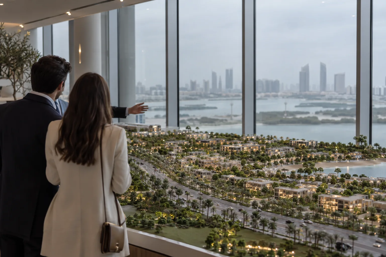 Visitors seen from behind in front of a scale model of an off-plan residential project in Abu Dhabi, under grey light