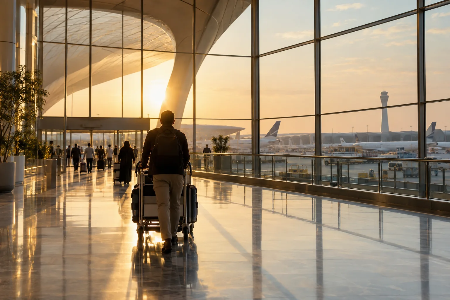 Traveller seen from behind pushing a luggage trolley through the Abu Dhabi airport terminal