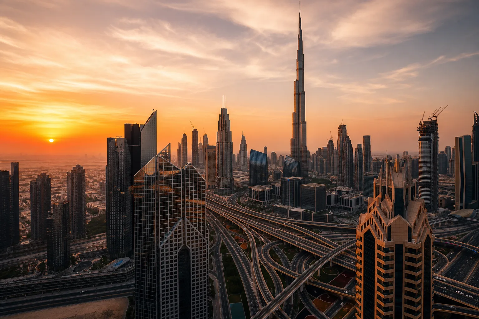 Skyline dense du centre de Dubaï avec Burj Khalifa dominant au coucher du soleil