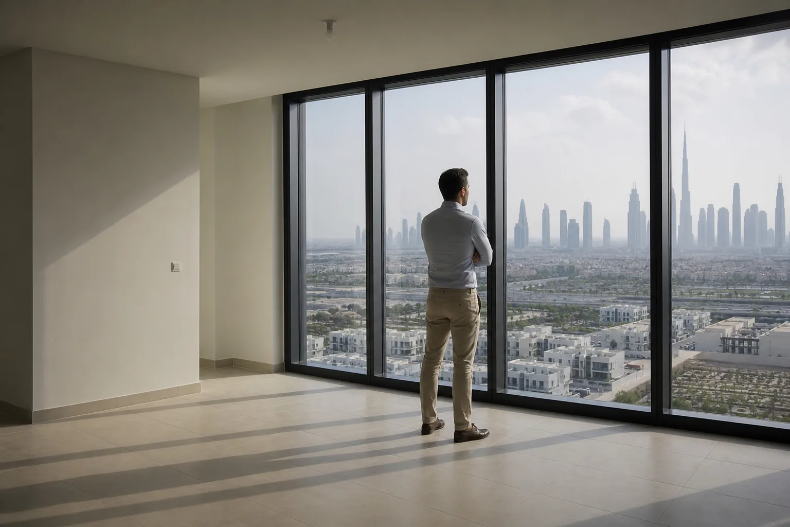 Inversor pensativo observando un apartamento vacío con vistas a la ciudad a través de un gran ventanal