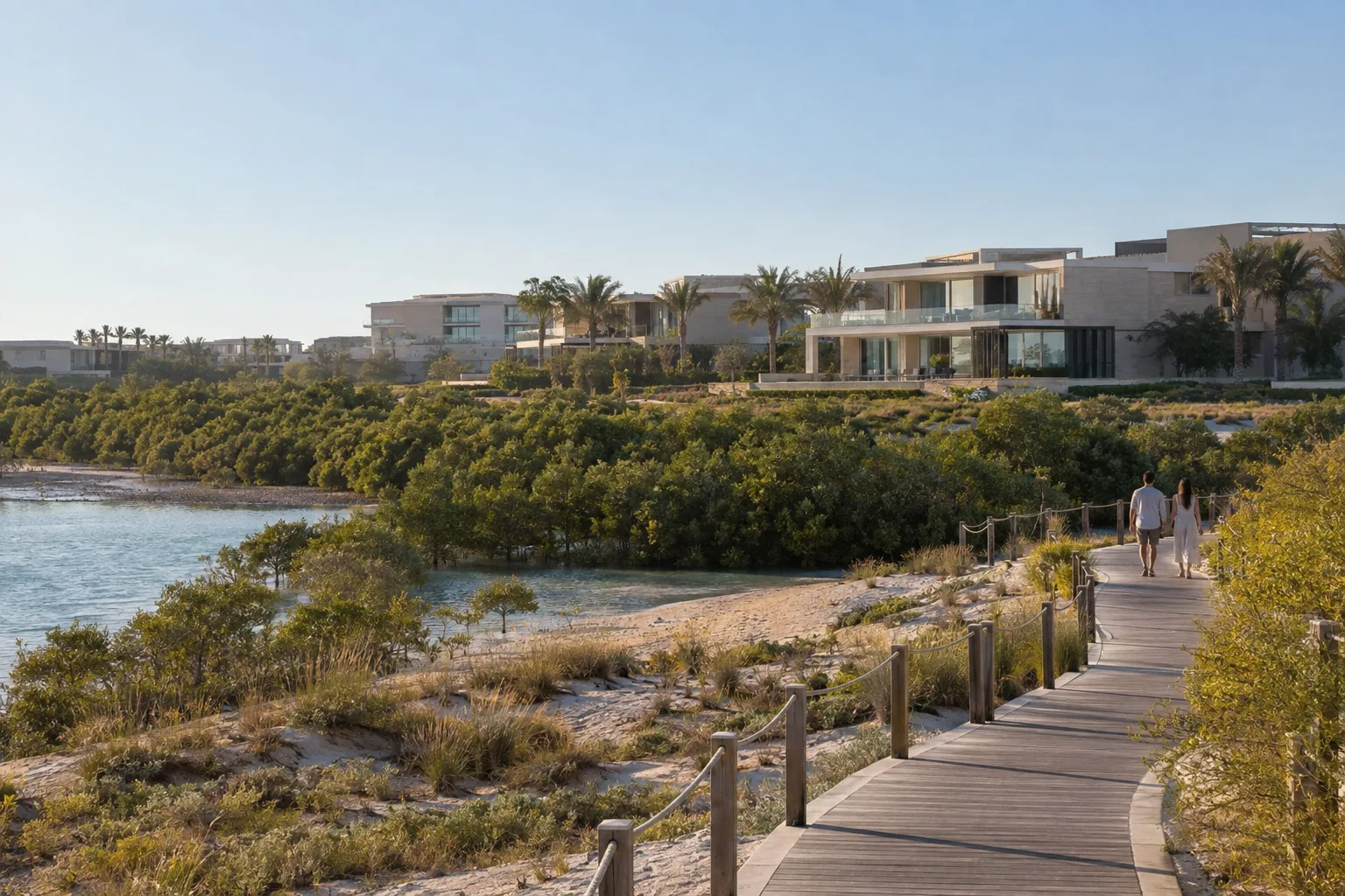 Mangroves and dunes on Saadiyat Island in front of a low-rise light stone residence, a couple in the distance