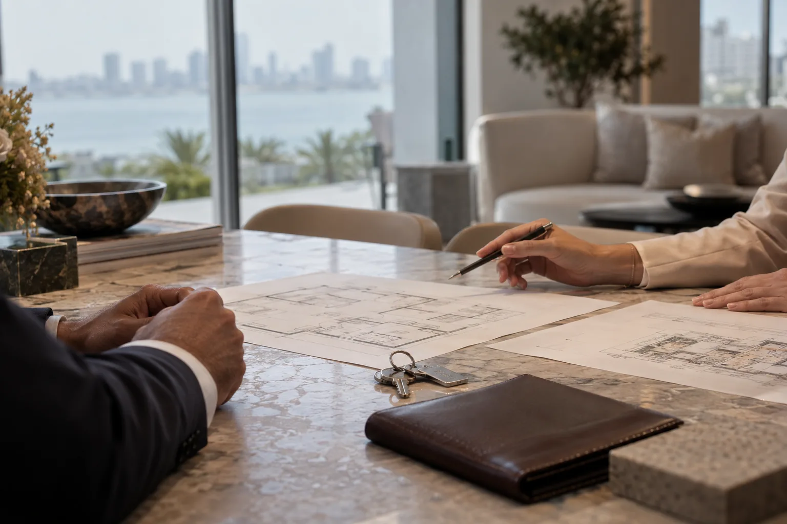 Hands of a buyer and an adviser over blank villa plans and a set of keys
