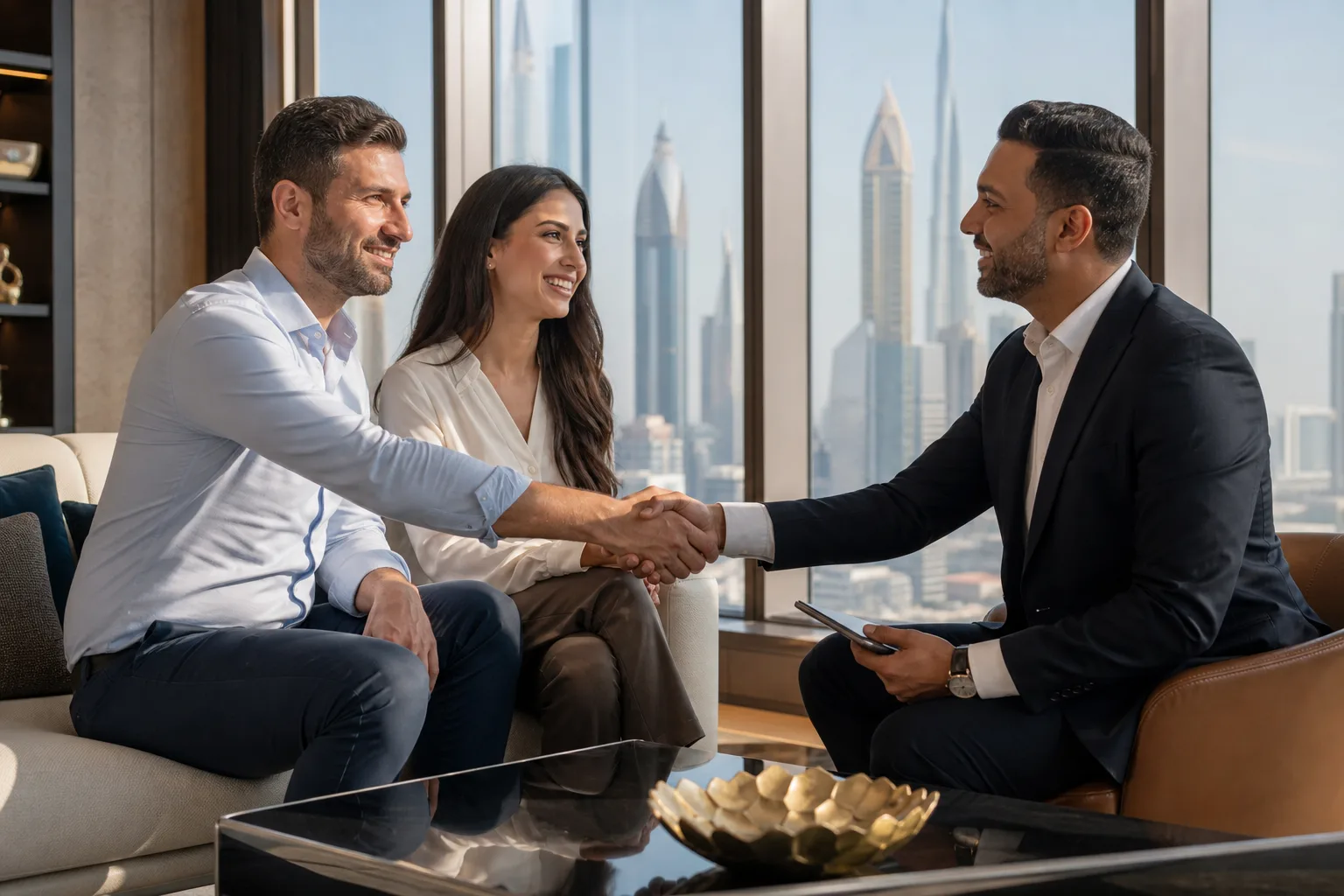 Handshake between an adviser and clients in an elegant Dubai office with the skyline visible through the window