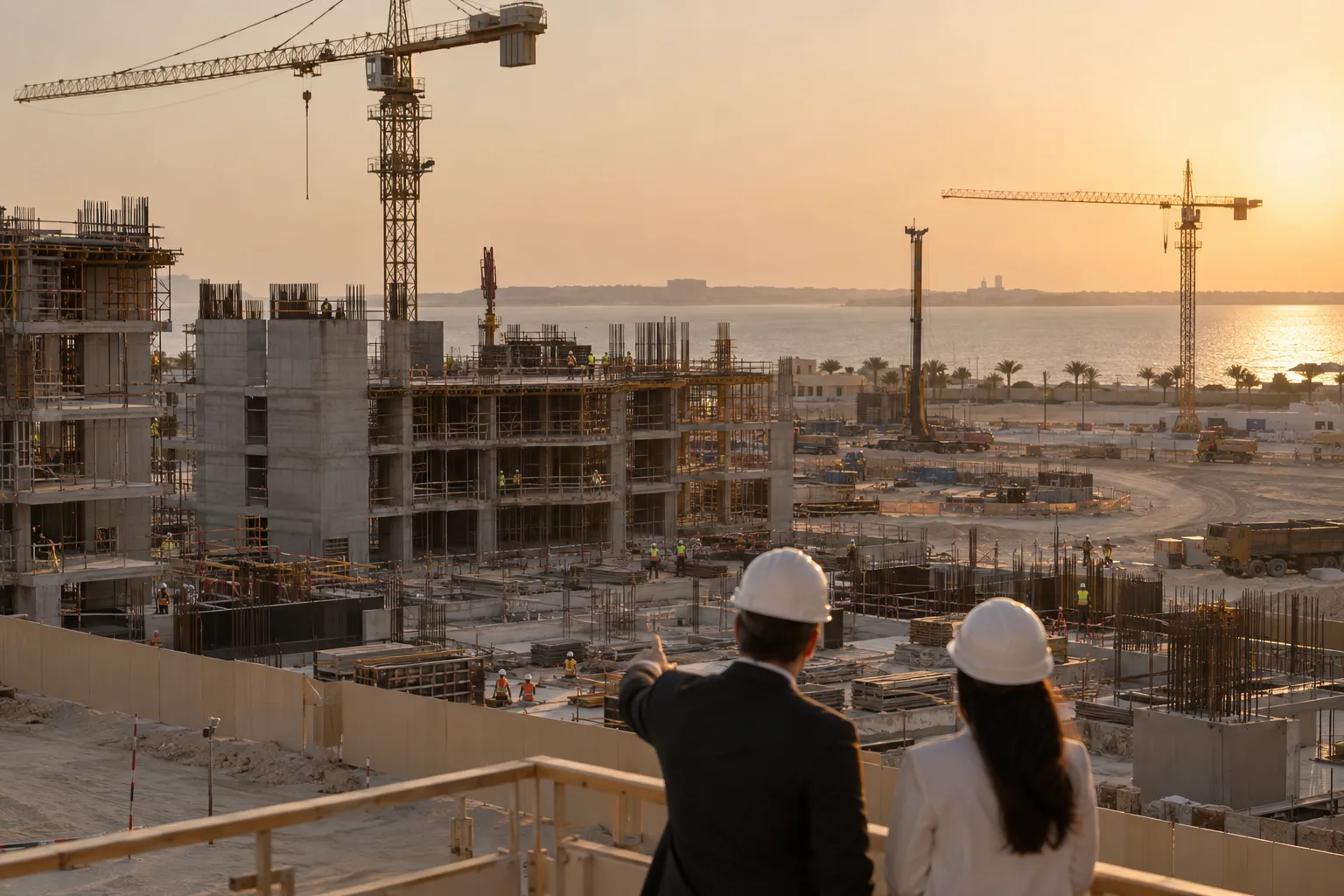 Residential construction site on Saadiyat Island: concrete cores, cranes and two helmeted figures observing progress